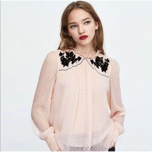 Zara GUC Pink Dotted Floral Blouse with Beading Embroidery Size S